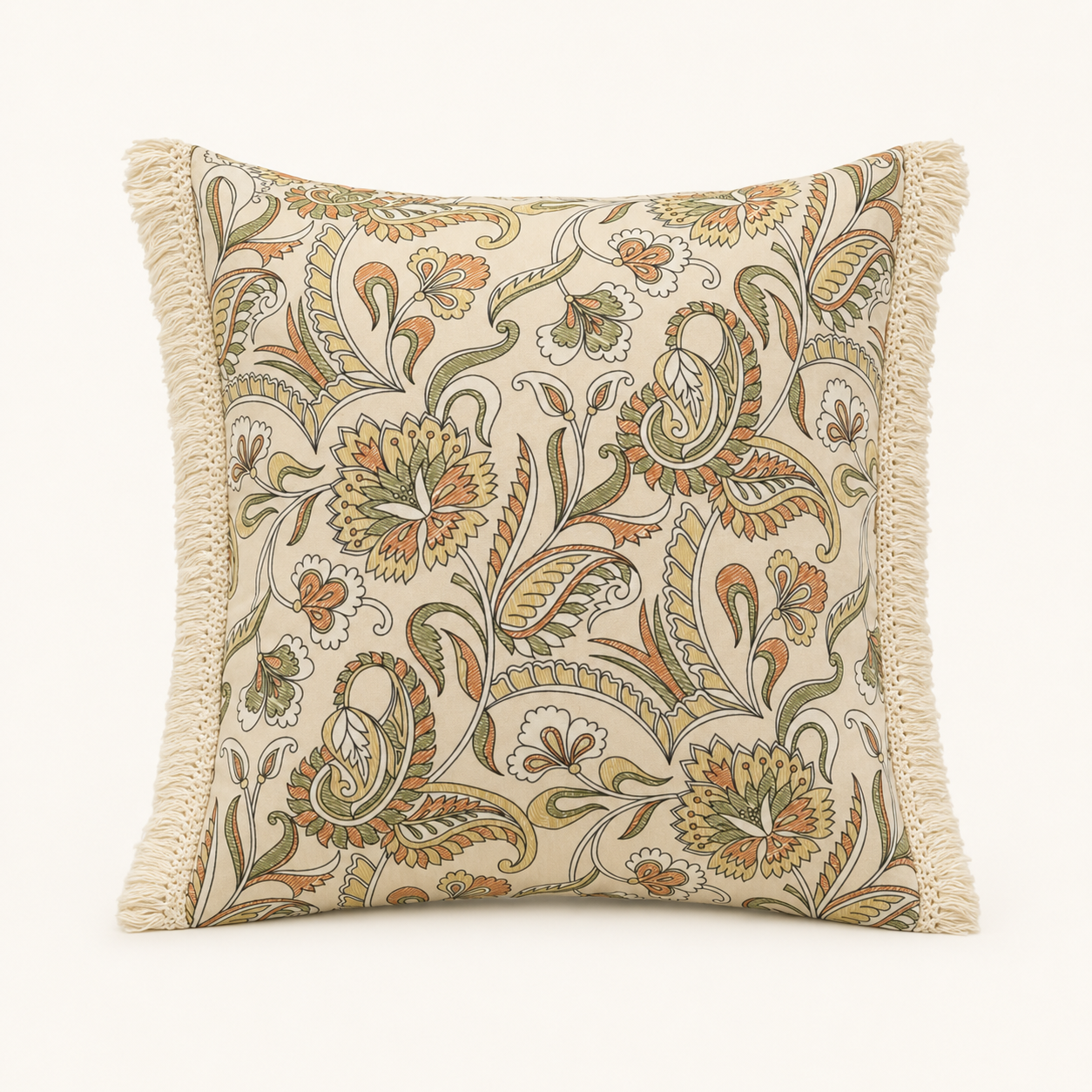 Olive Paisley Fringe Cushion Cover