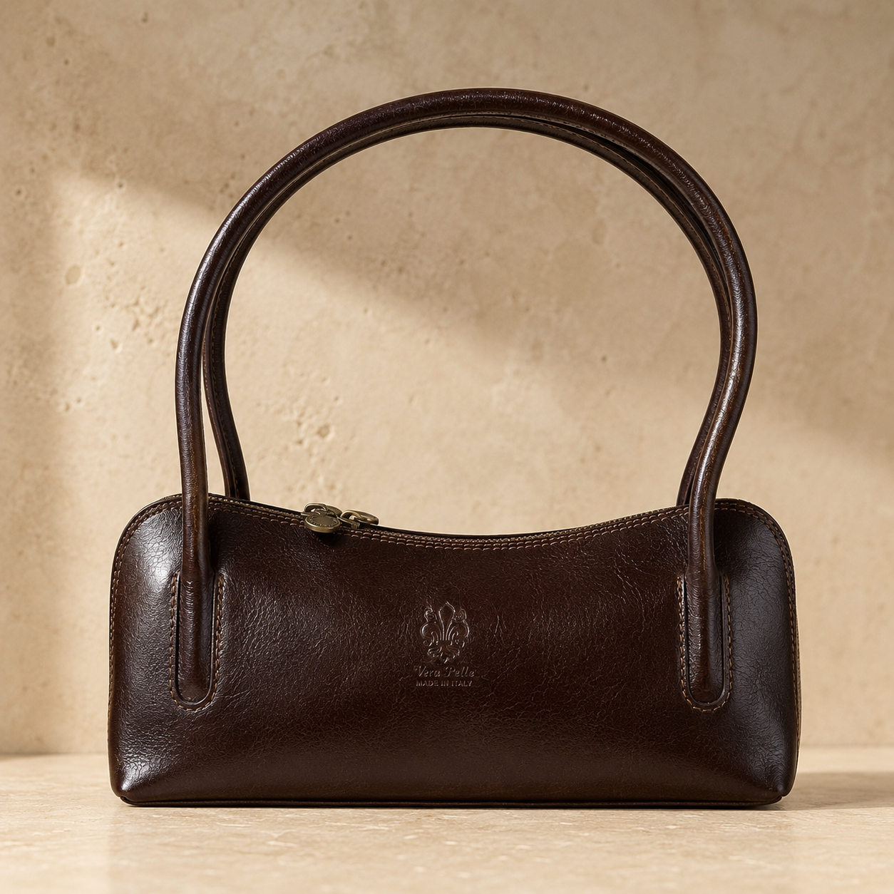 Structured Brown Leather Shoulder Bag - Elegant Baguette Style