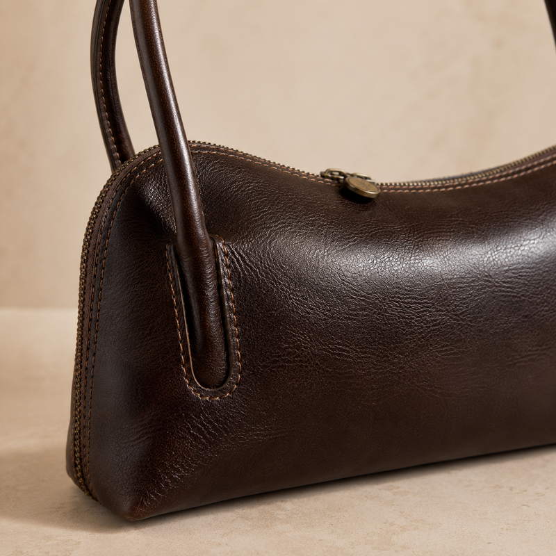 Structured Brown Leather Shoulder Bag - Elegant Baguette Style