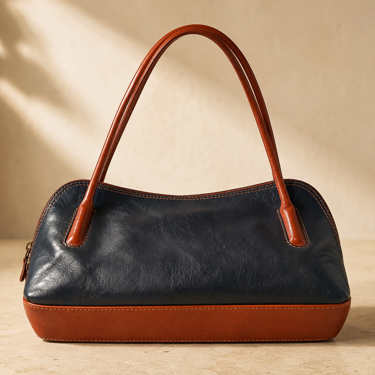 Elegant Leather Shoulder Bag - Navy & Cognac