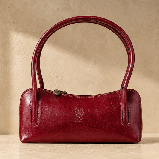 Burgundy Leather Shoulder Bag - Compact Structured Bag