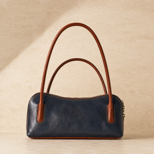 Elegant Leather Shoulder Bag - Navy & Cognac