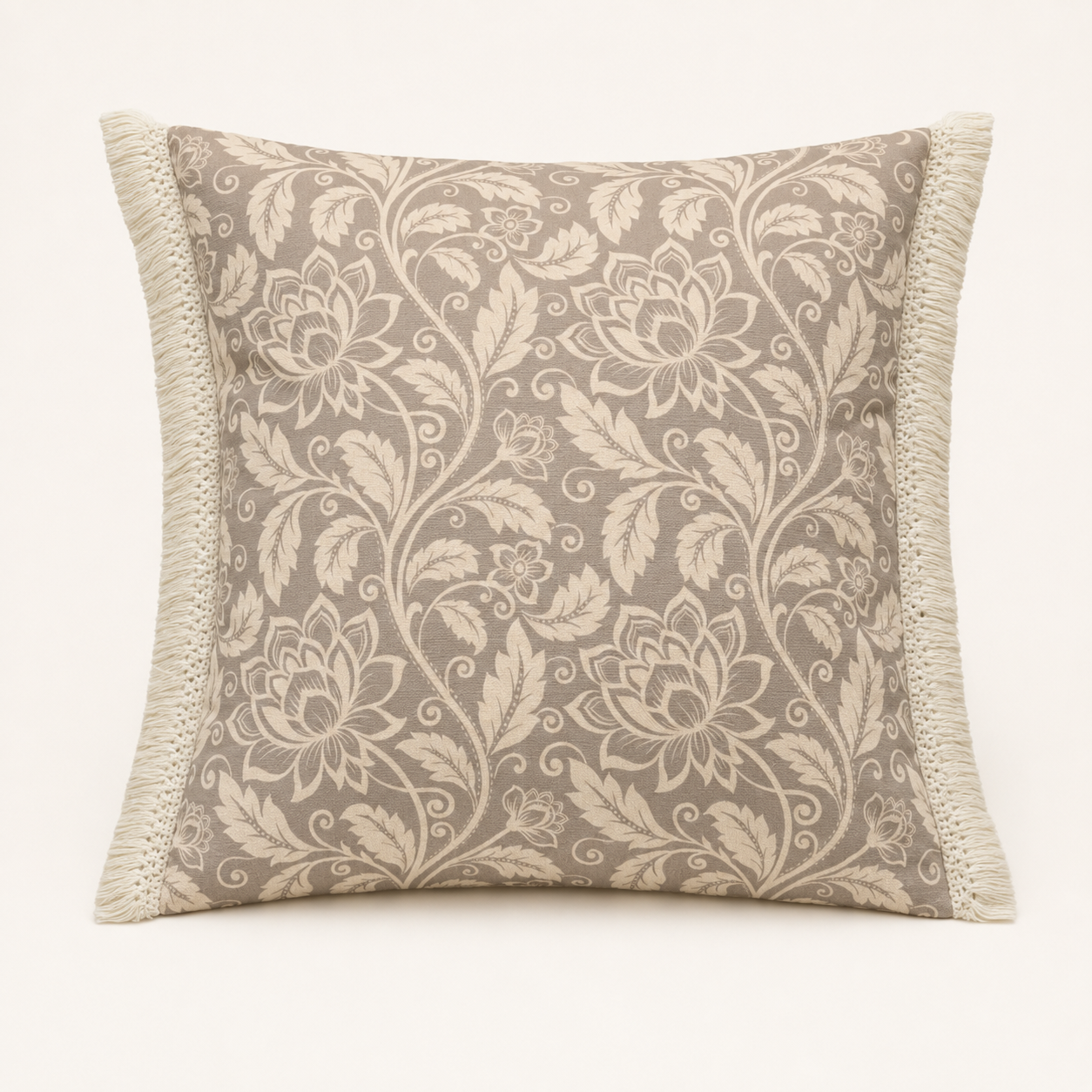 Khaki Damask Fringe Cushion Cover