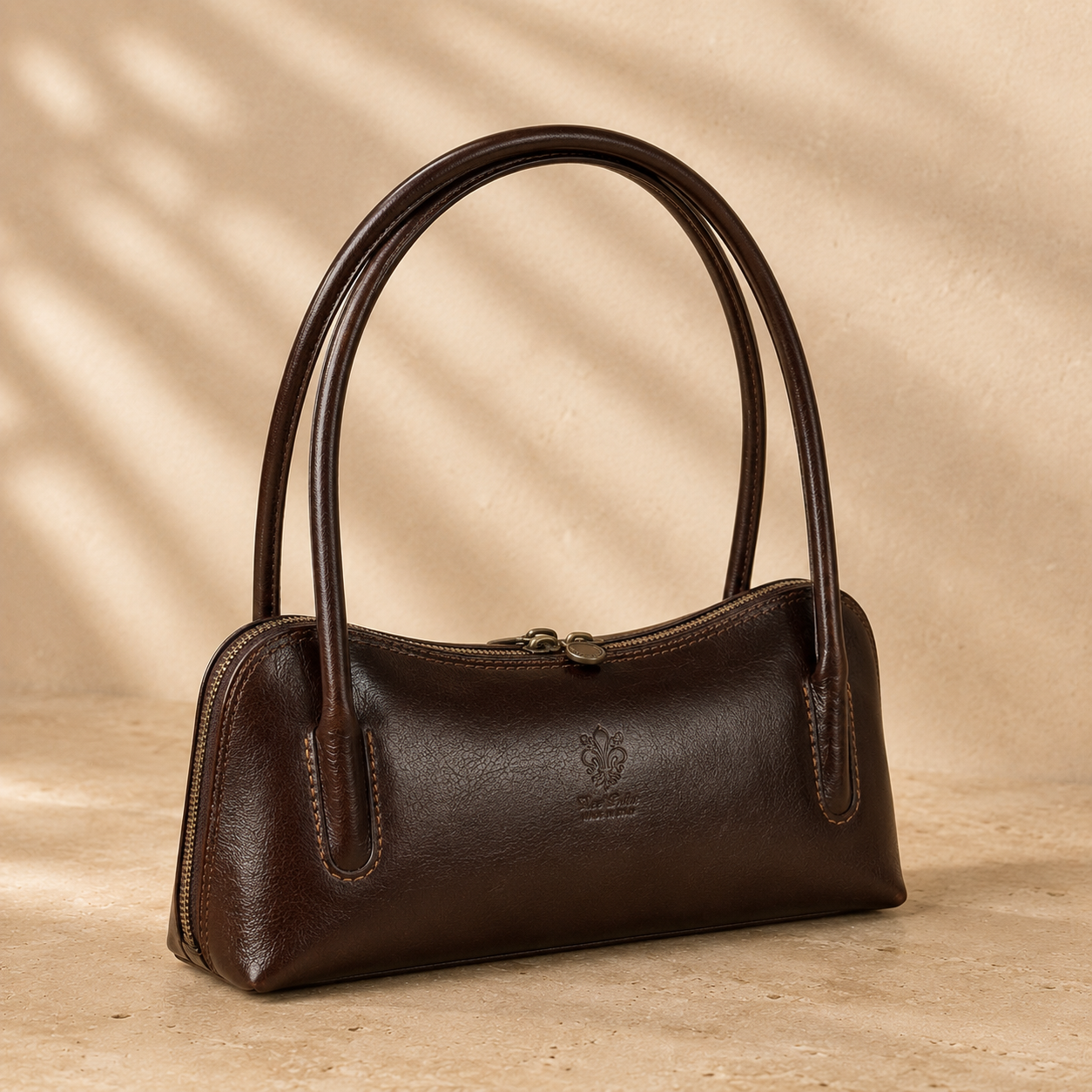 Structured Brown Leather Shoulder Bag - Elegant Baguette Style