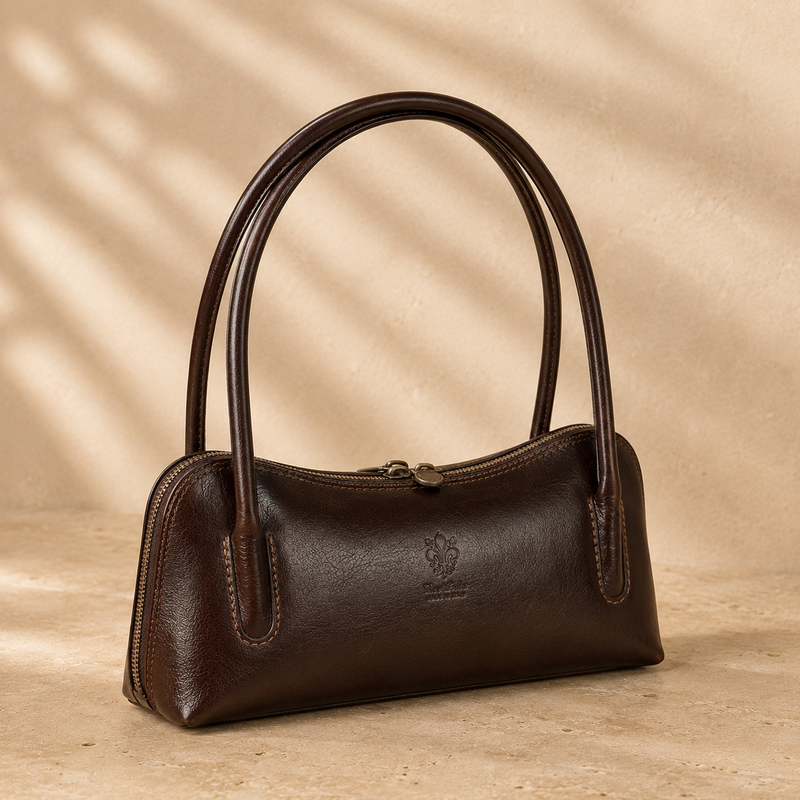 Structured Brown Leather Shoulder Bag - Elegant Baguette Style
