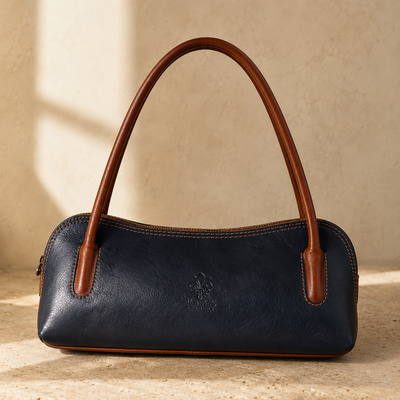 Elegant Leather Shoulder Bag - Navy & Cognac