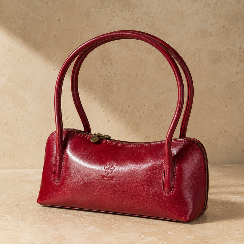 Burgundy Leather Shoulder Bag - Compact Structured Bag